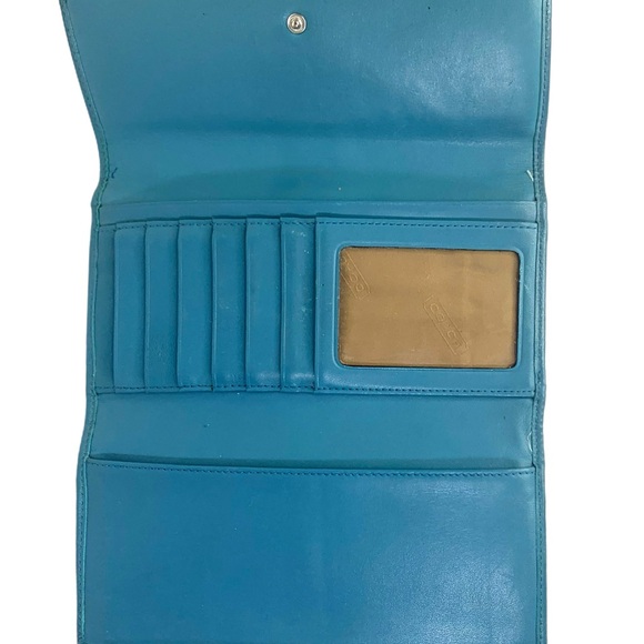 Coach Signature Canvas Checkbook Wallet Tan Brown Bleu Leather Trim - Picture 4 of 6